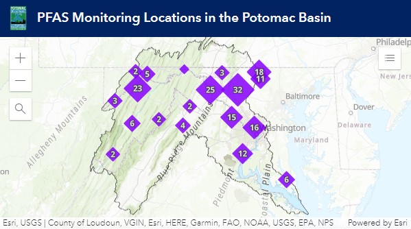 Screenshot of PFAS Monitoring in the Potomac River Basin Map
